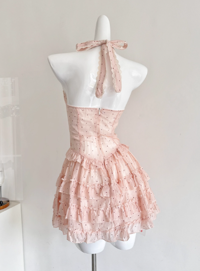 Cute Halter Polka Dot Pleated Tulle Tiered Summer Princess Dress Women Date Dress  D1902