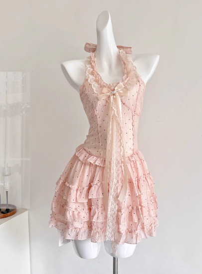 Cute Halter Polka Dot Pleated Tulle Tiered Summer Princess Dress Women Date Dress  D1902