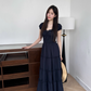 Minimalist Square Neckline Lace-up Pleated Ruffle Long Skirt Summer Dress Women Dress  D1907