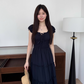 Minimalist Square Neckline Lace-up Pleated Ruffle Long Skirt Summer Dress Women Dress  D1907