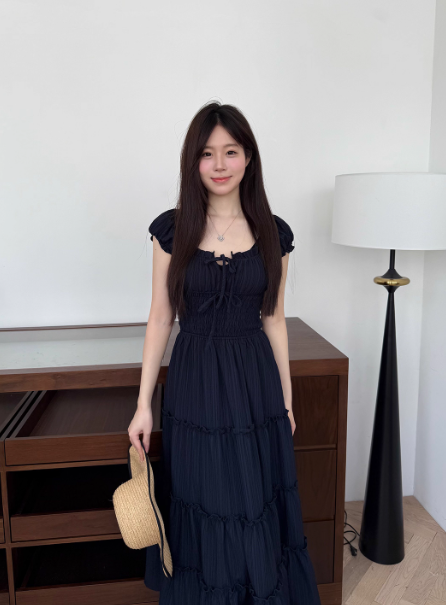 Minimalist Square Neckline Lace-up Pleated Ruffle Long Skirt Summer Dress Women Dress  D1907