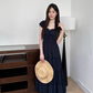 Minimalist Square Neckline Lace-up Pleated Ruffle Long Skirt Summer Dress Women Dress  D1907