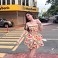Colorful Spaghetti Straps Floral Pleated Short Skirt Women Summer Date Dress  D1909