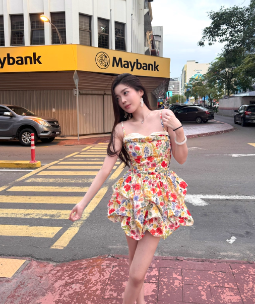Colorful Spaghetti Straps Floral Pleated Short Skirt Women Summer Date Dress  D1909