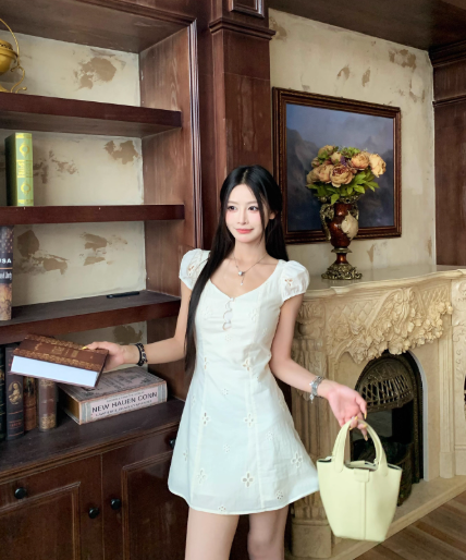 Cute A Line V-neck Floral Short Summer Skirt Women Date Dress  D1911