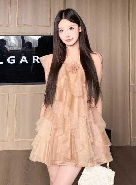 Pretty Asymmetrical Neck Pleated Ruffle Tulle Short Women Dress Seaside Vacation Dress  D1912