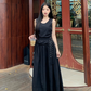 Fashion Crew Neck Pleated Long Women Dress Summer Date Dress with Studded Belt  D1913