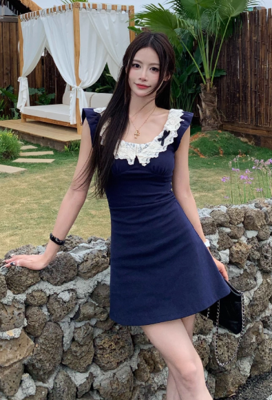 Sweet A Line Crew Neck Lace Short Skirt Summer Seaside Dress Women Dress  D1914