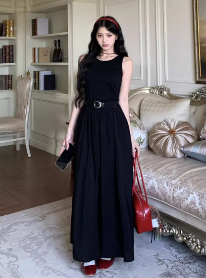 Elegant A Line Crew Neck Long Skirt Summer Seaside Dress Women Date Dress with Belt  D1915