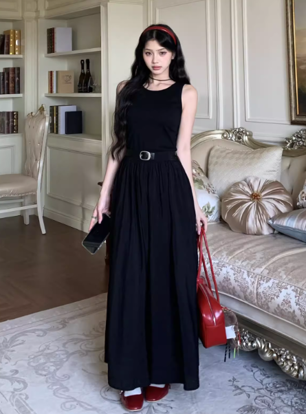 Elegant A Line Crew Neck Long Skirt Summer Seaside Dress Women Date Dress with Belt  D1915
