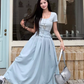 Beauty A Line Crew Neck Short Sleeves Pleated Long Wonmen Dress Summer Date Dress with Belt D1916