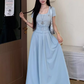 Beauty A Line Crew Neck Short Sleeves Pleated Long Wonmen Dress Summer Date Dress with Belt D1916