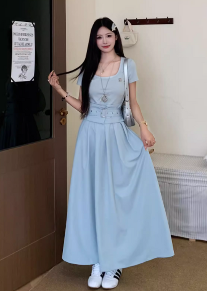 Beauty A Line Crew Neck Short Sleeves Pleated Long Wonmen Dress Summer Date Dress with Belt D1916