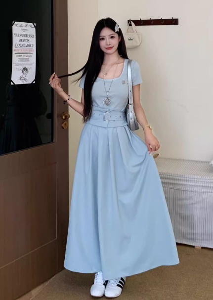 Beauty A Line Crew Neck Short Sleeves Pleated Long Wonmen Dress Summer Date Dress with Belt D1916