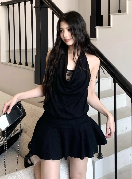 Beauty A Line Halter Pleated Ruffle Short Women Dress Summer Date Dress  D1918