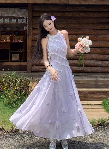 Elegant Halter Lace Flower Long Women Dress Dating Dress Summer Seaside Dress  D1919