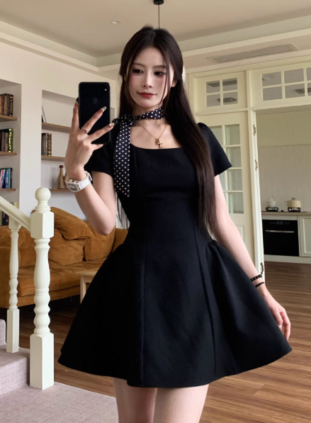 Elegant A Line Square Neck Black Short Women Dress Vacation Casual Date Dress  D1920