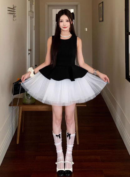 Sweet Crew Neck Pleated Tulle Short Skirt Princess Dress Summer Women Date Dress  D1921