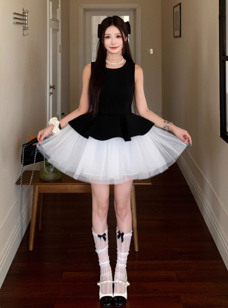 Sweet Crew Neck Pleated Tulle Short Skirt Princess Dress Summer Women Date Dress  D1921