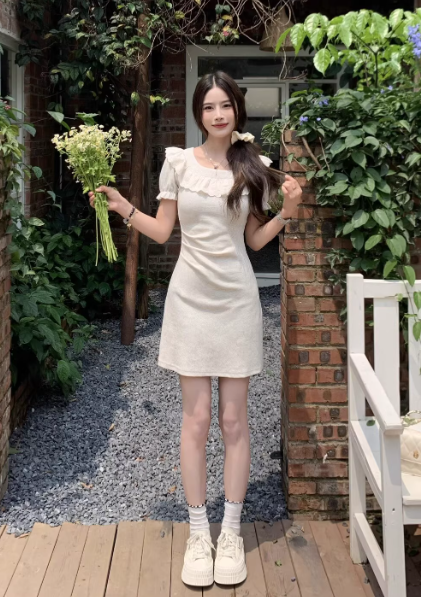 Fashion Crew Neck Pleated Ruffle Short Skirt Summer Seaside Dress Women Date Dress  D1922