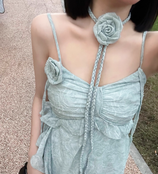 Beach Spaghetti Straps Pleated Ruffle Long Women Dress Vacation Seaside Dress  D1923