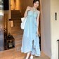 Beach Spaghetti Straps Pleated Ruffle Long Women Dress Vacation Seaside Dress  D1923