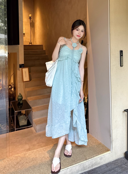 Beach Spaghetti Straps Pleated Ruffle Long Women Dress Vacation Seaside Dress  D1923