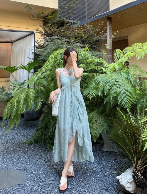Beach Spaghetti Straps Pleated Ruffle Long Women Dress Vacation Seaside Dress  D1923
