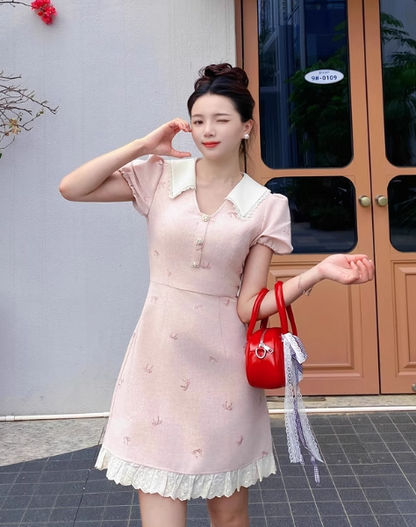 Cute A Line V-neck Bowknot Pleated Casual Dress Short Women Skirt Summer Date Dress  D1924