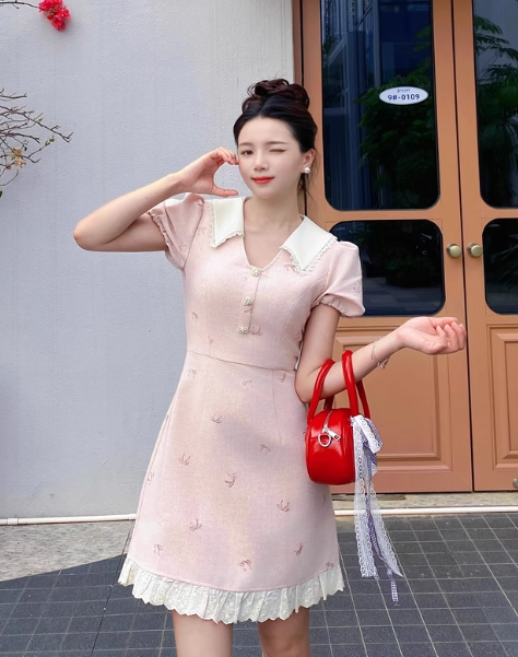 Cute A Line V-neck Bowknot Pleated Casual Dress Short Women Skirt Summer Date Dress  D1924