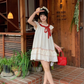 Cute Polka Dots Lace-up Pleated Ruffle Short Women Dress Sweet Dress Date Dress  D1925