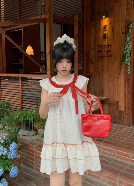 Cute Polka Dots Lace-up Pleated Ruffle Short Women Dress Sweet Dress Date Dress  D1925