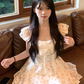 Sweet Square Neck Bowknot Print Pleated Floral Tulle Skirt Princess Dress Women Summer Dress  D1926