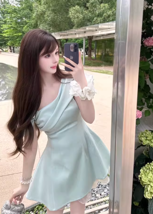 Beauty A Line Astmmetrical Neck Pleated RuffleTulle Skirt Women Summer Date Dress  D1927