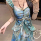Island Spaghetti Straps Ruffle Print Long Seaside Dress Vacation Dress Women Summer Dress D1929