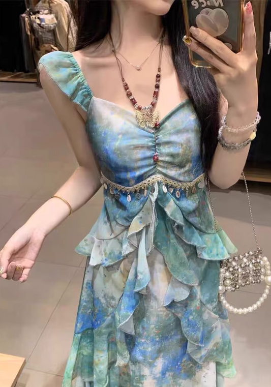 Island Spaghetti Straps Ruffle Print Long Seaside Dress Vacation Dress Women Summer Dress D1929