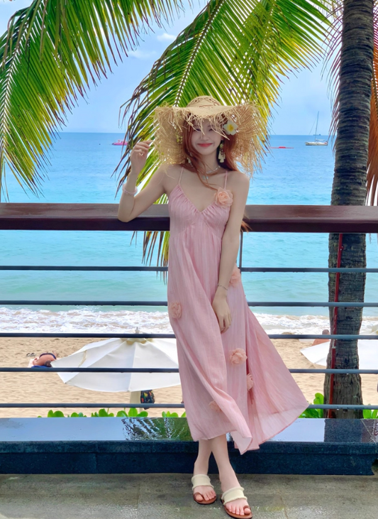 Seaside V -neck Spaghetti Straps Flower Pleated Long Vacation Dress Summer Women Dress  D1931