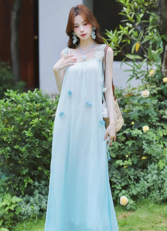 Island Spaghetti Straps Gradient Color Flower Long Vacation Dress Summer Women Dress  D1932