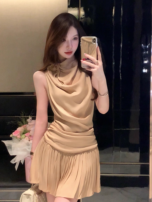 Vintage A Line Sleeveless Pleated Short Casual Skirt Women Summer Dress  D1933