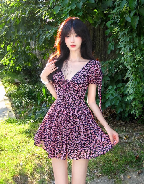 Pretty A Line V-neck Lace-up Floral Short Skirt Princess Women Summer Dress  D1934