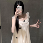 Cute Crew Neckline Lace Bowknot Short Casual Skirt Summer Women Date Dress  D1936