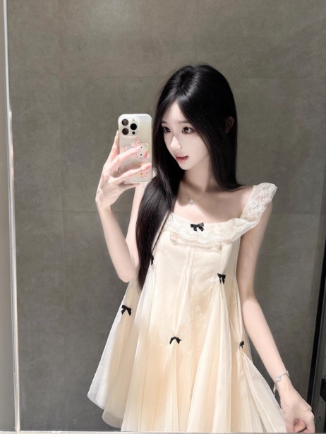 Cute Crew Neckline Lace Bowknot Short Casual Skirt Summer Women Date Dress  D1936