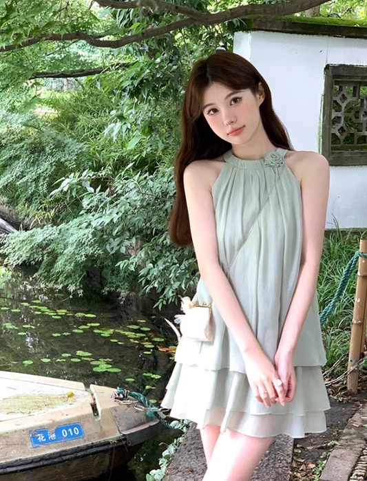 Beauty Halter Pleated Rose Ruffle Short Casual Skirt Summer Women Vacation Dress  D1937