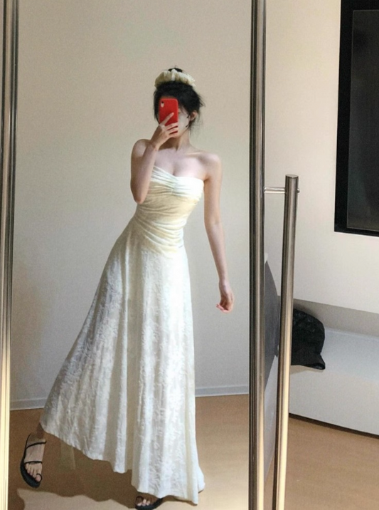 Vacation Strapless Pleated Irregular Hem Long Date Dress Women Summer Skirt  D1940