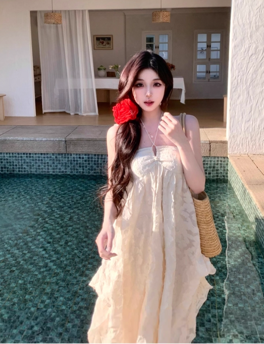 Seaside Halter Backless Ruffle Long Date Dress Women Summer Vacation Skirt  D1941