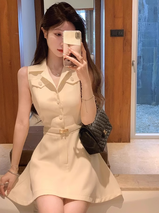 Minimalist A Neckline Polo Neck Casual Date Dress Women Summer Skirt with Belt D1942