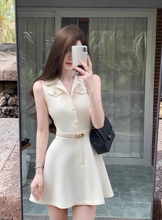 Minimalist A Neckline Polo Neck Casual Date Dress Women Summer Skirt with Belt D1942
