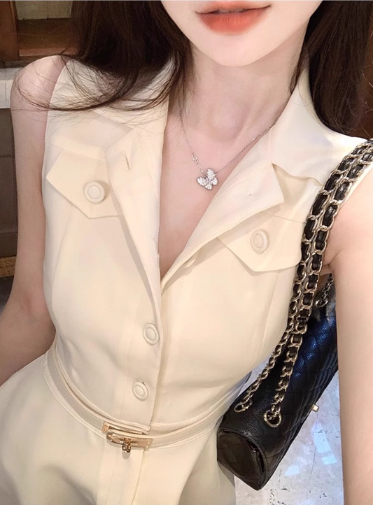 Minimalist A Neckline Polo Neck Casual Date Dress Women Summer Skirt with Belt D1942