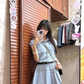 Pretty A Line Strip Pleated Casual Date Dress Women Summer Skirt with Belt D1943