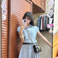 Pretty A Line Strip Pleated Casual Date Dress Women Summer Skirt with Belt D1943
